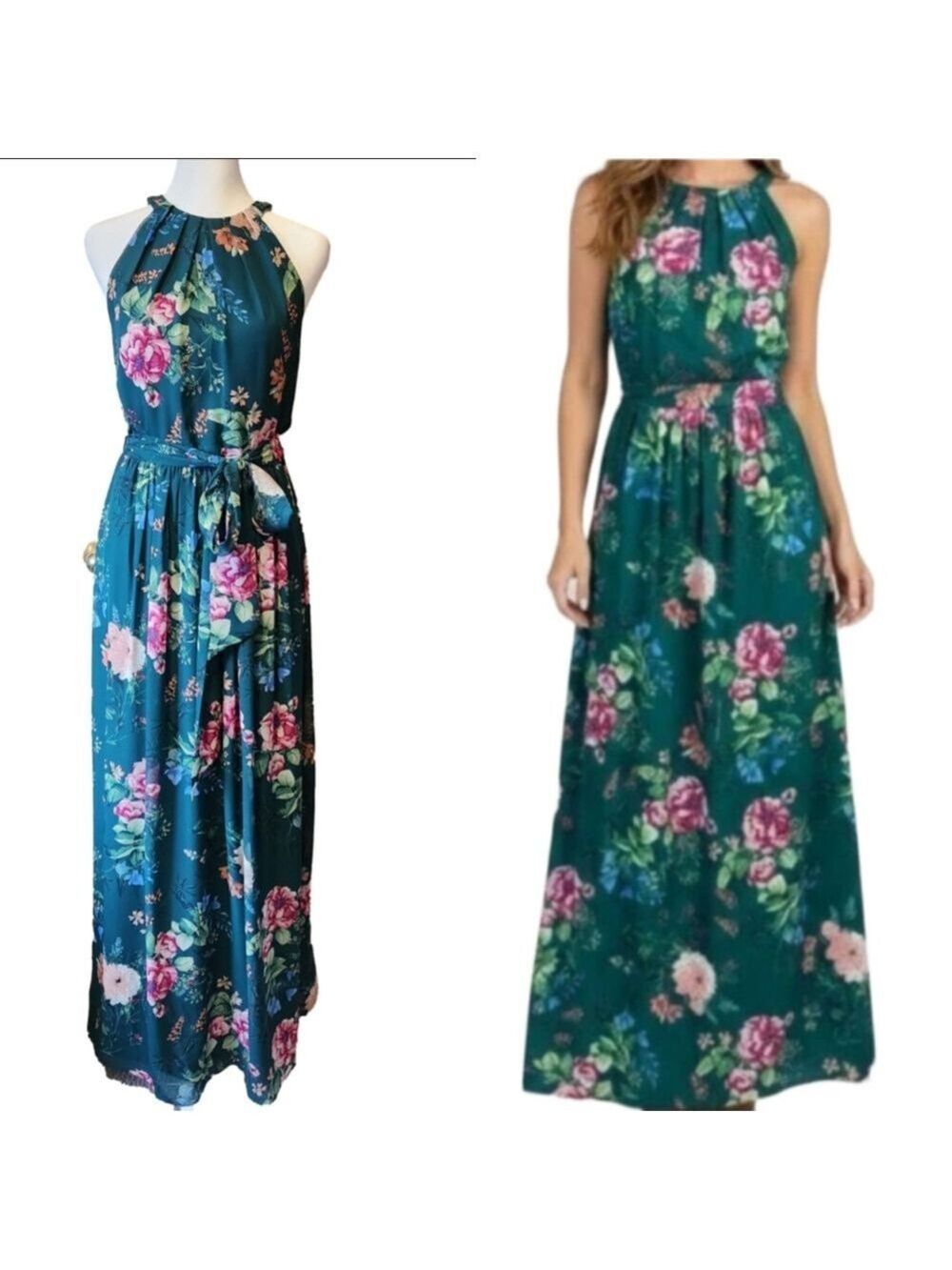ELIZA J EMERALD GREEN FLOWY FLORAL SLEEVELESS HALTER MAXI DRESS SIZE 8 - Picture 3 of 7